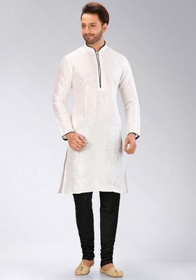 White Solid Art Silk Kurta Sets For Men