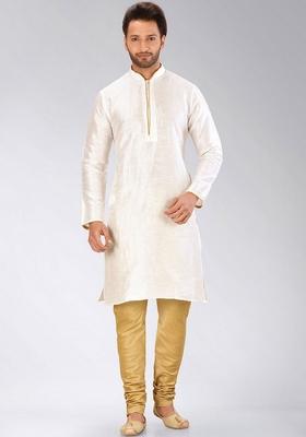 White Solid Art Silk Kurta Sets For Men