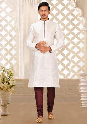 White Solid Art Silk Kurta Sets For Men