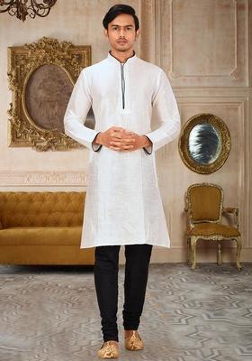 White Solid Art Silk Kurta Sets For Men