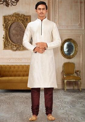 Cream Solid Art Silk Kurta Sets For Men