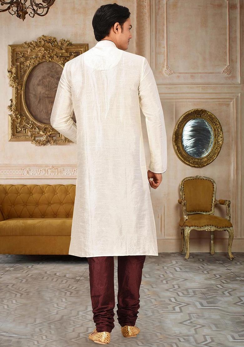 Cream Solid Art Silk Kurta Sets For Men - Indya