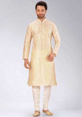 Peach Solid Art Silk Kurta Sets For Men