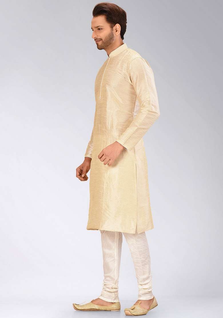 Peach Solid Art Silk Blend Kurta Sets For Men - Indya
