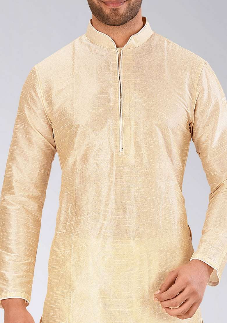 Peach Solid Art Silk Blend Kurta Sets For Men - Indya