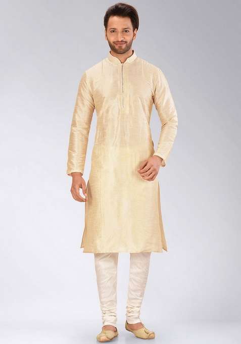 Peach Solid Art Silk Blend Kurta Sets For Men