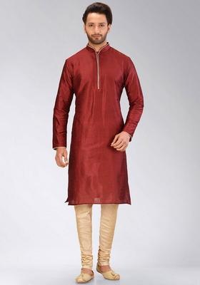 Red Solid Art Silk Kurta Sets For Men