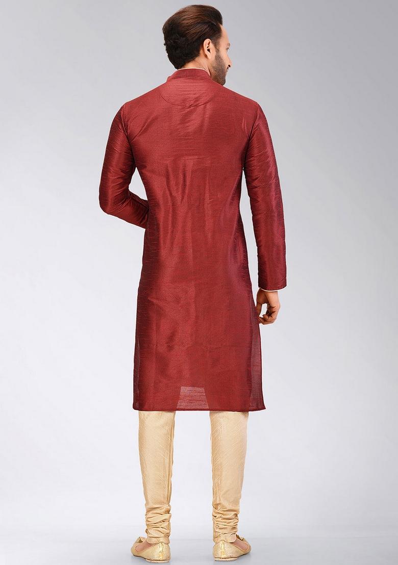 Red Solid Art Silk Kurta Sets For Men
