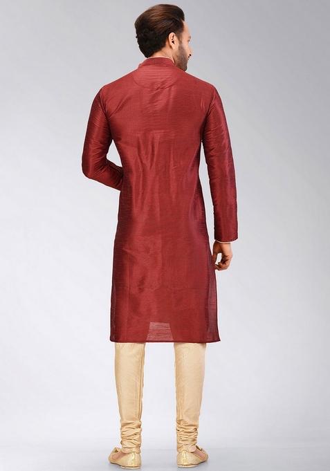 Red Solid Art Silk Kurta Sets For Men