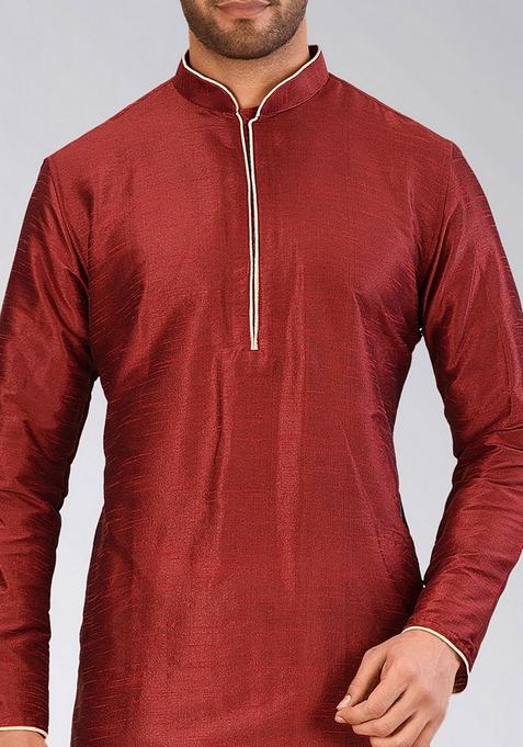 Red Solid Art Silk Kurta Sets For Men