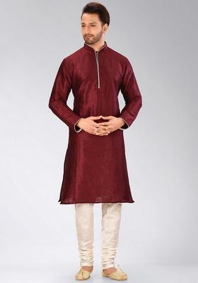 Mahroon Solid Art Silk Kurta Sets For Men