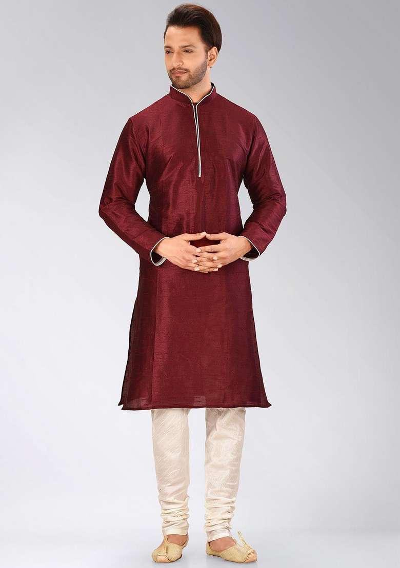 Mahroon Solid Art Silk Blend Kurta Sets For Men - Indya
