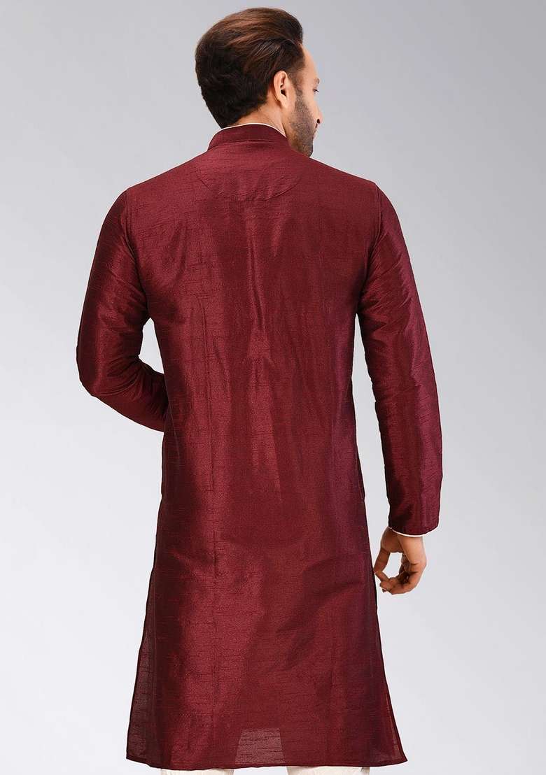 Mahroon Solid Art Silk Blend Kurta Sets For Men - Indya