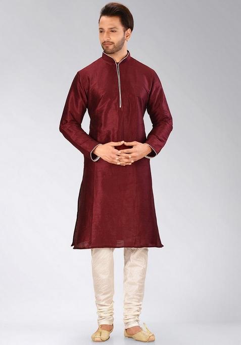 Mahroon Solid Art Silk Kurta Sets For Men — view on Indya