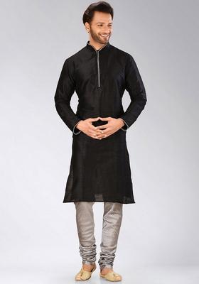 Black Solid Art Silk Kurta Sets For Men