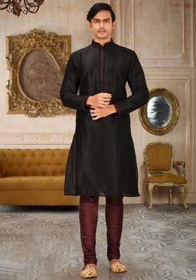 Black Solid Art Silk Kurta Sets For Men