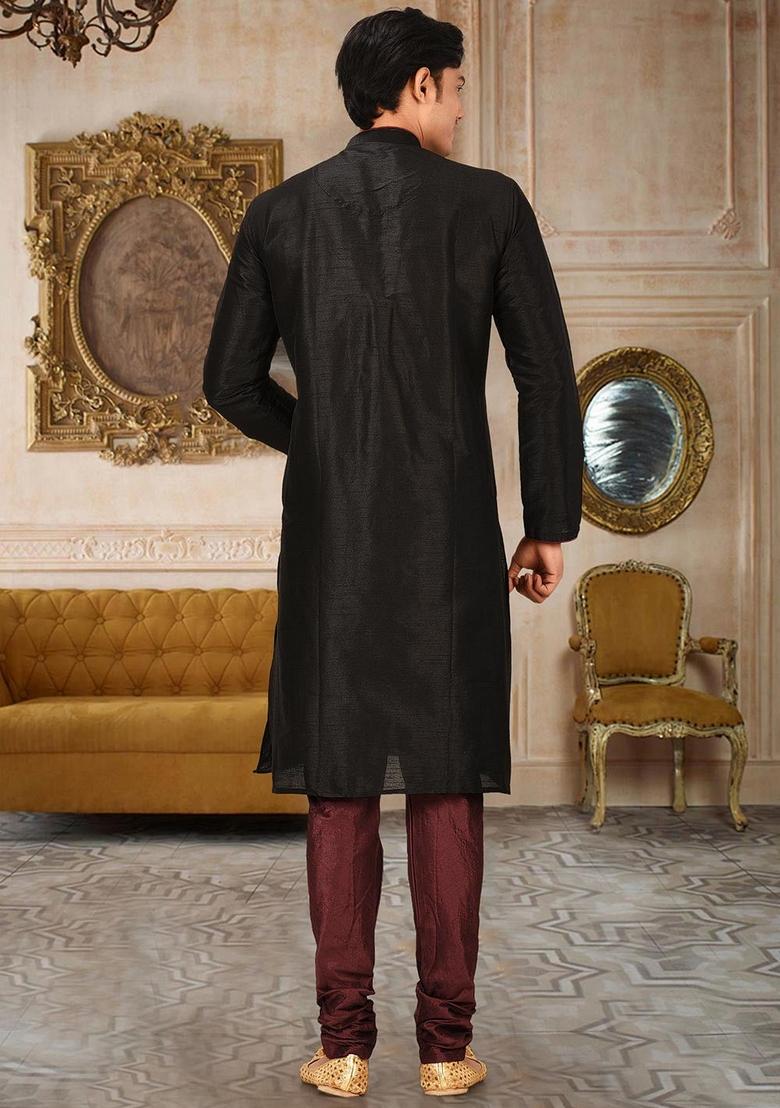 Black Solid Art Silk Kurta Sets For Men - Indya