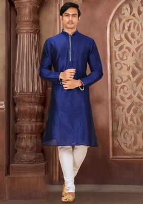 Royal Blue Solid Art Silk Kurta Sets For Men