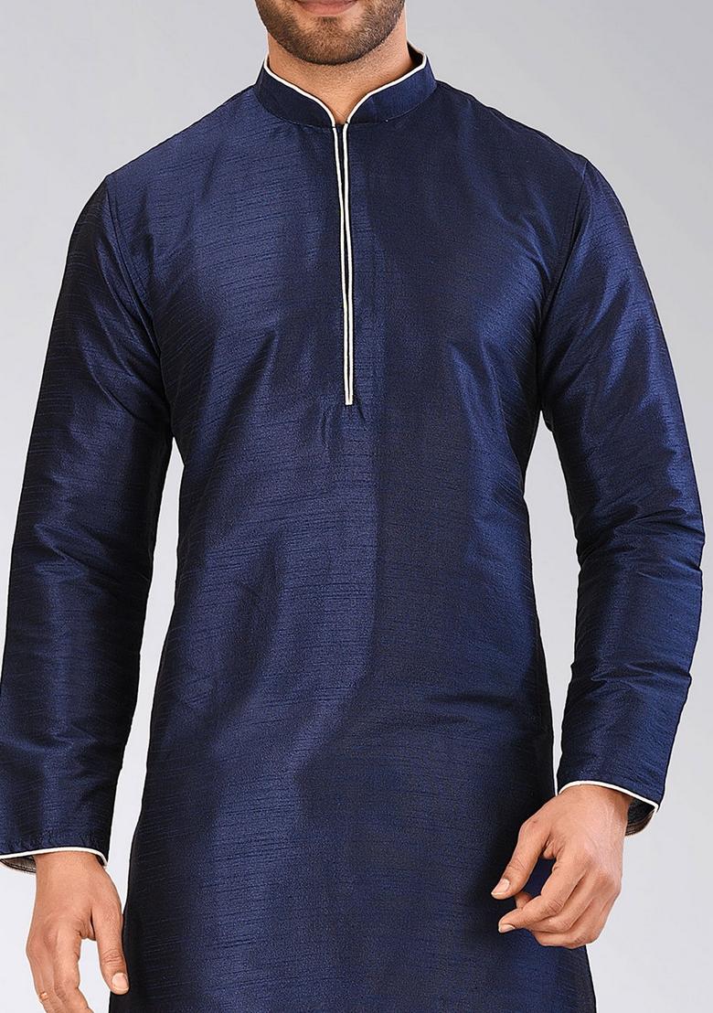 Navy Blue Solid Art Silk Kurta Sets For Men - Indya