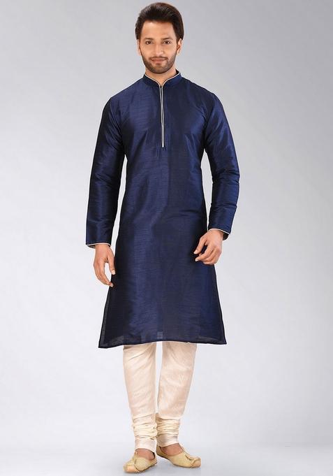Navy Blue Solid Art Silk Kurta Sets For Men