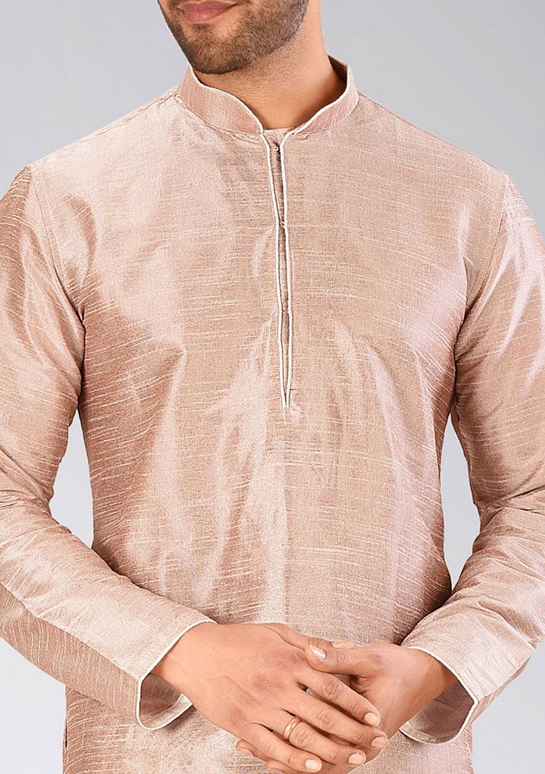 Light Brown Solid Art Silk Kurta Sets For Men - Indya