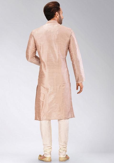 Light Brown Solid Art Silk Kurta Sets For Men