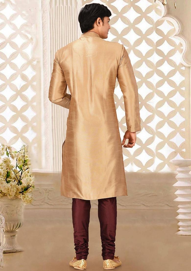 Chikoo Brown Solid Art Silk Kurta Sets For Men