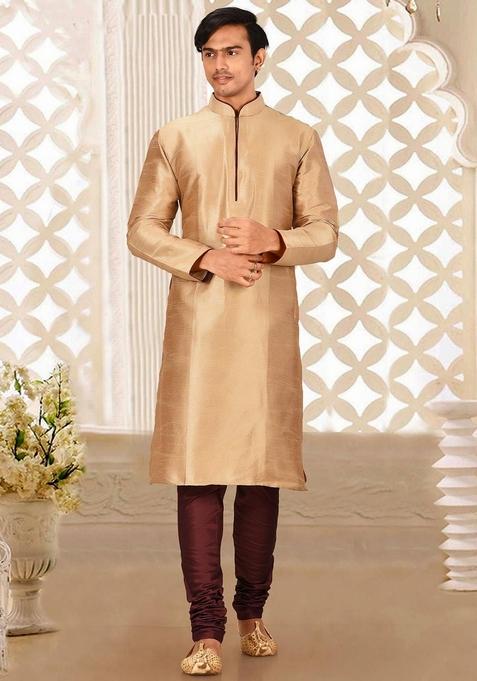 Chikoo Brown Solid Art Silk Kurta Sets For Men
