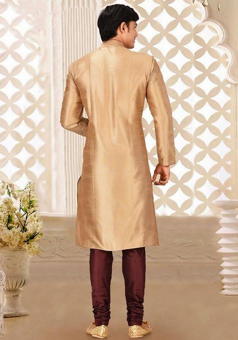 Chikoo Brown Solid Art Silk Kurta Sets For Men