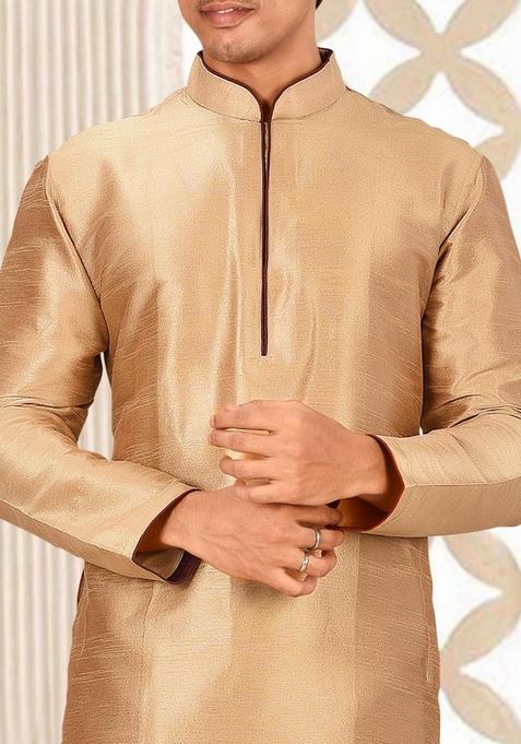 Chikoo Brown Solid Art Silk Kurta Sets For Men