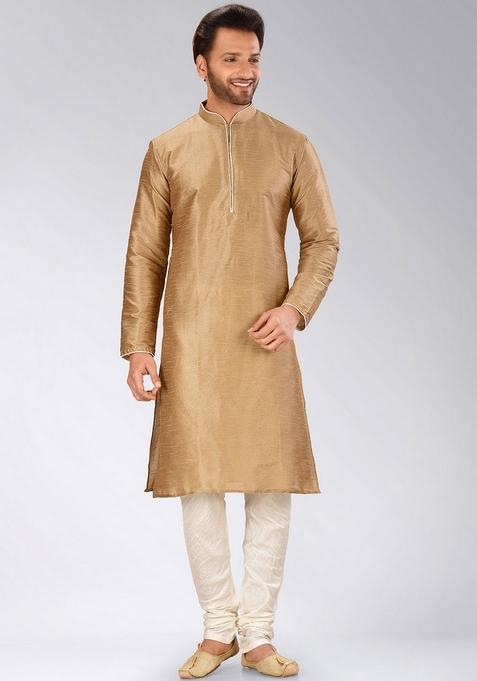 Chikoo Brown Solid Art Silk Kurta Sets For Men