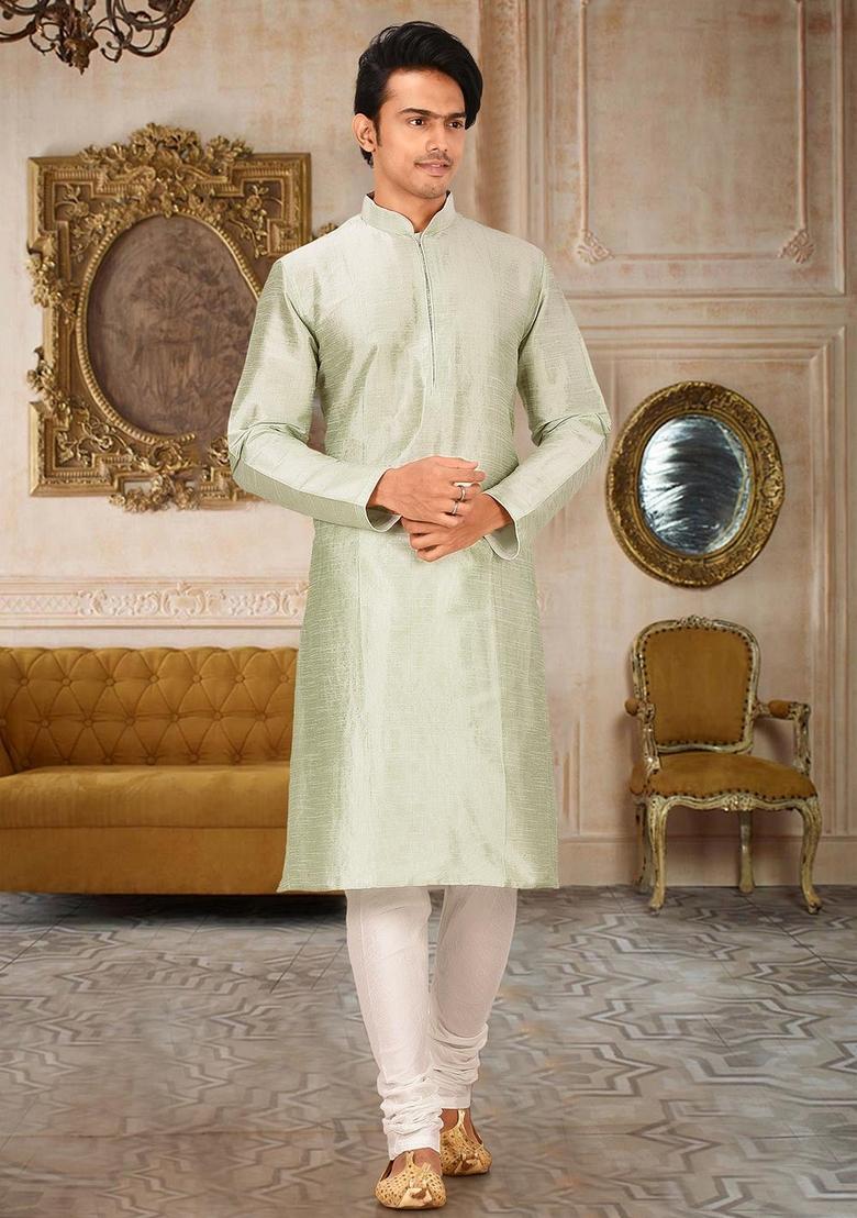 Sea Green Solid Art Silk Kurta Sets For Men