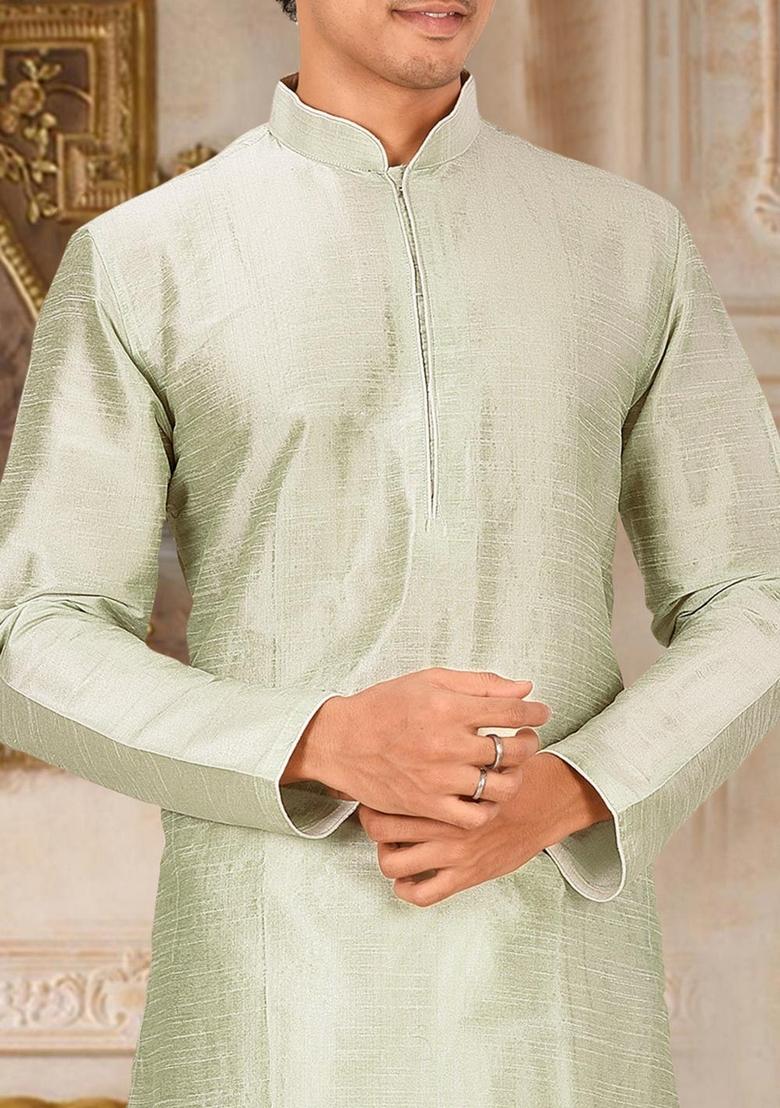 Sea Green Solid Art Silk Kurta Sets For Men