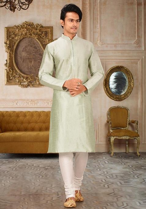 Sea Green Solid Art Silk Kurta Sets For Men