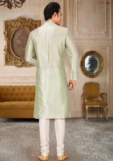 Sea Green Solid Art Silk Kurta Sets For Men