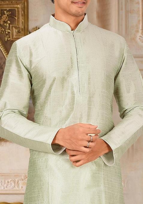 Sea Green Solid Art Silk Kurta Sets For Men