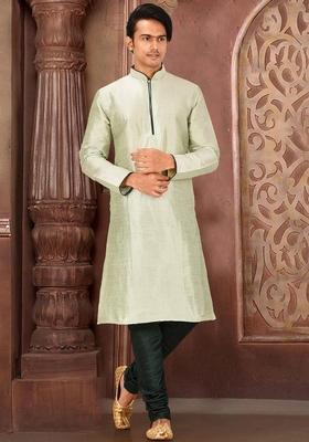 Sea Green Solid Art Silk Kurta Sets For Men