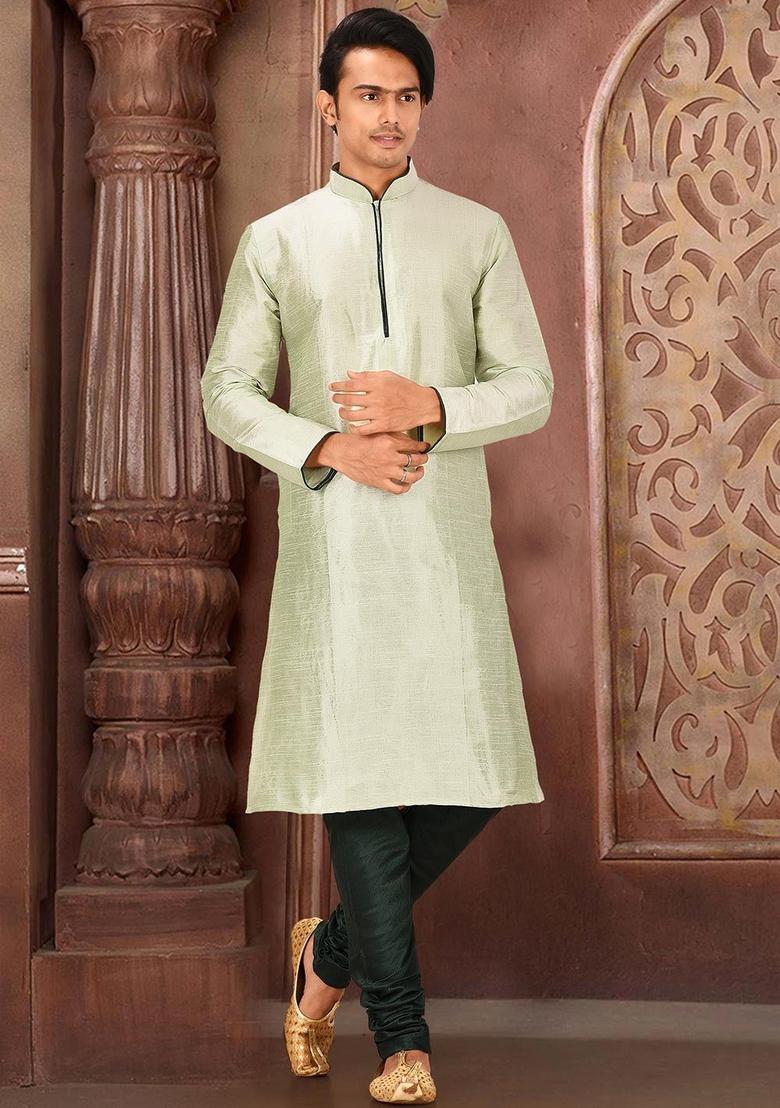 Sea Green Solid Art Silk Kurta Sets For Men