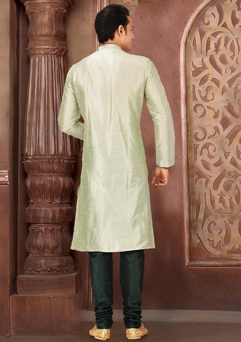 Sea Green Solid Art Silk Kurta Sets For Men