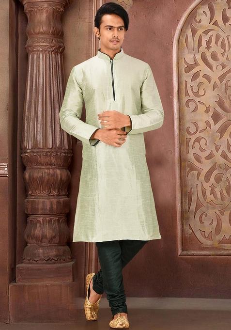 Sea Green Solid Art Silk Kurta Sets For Men