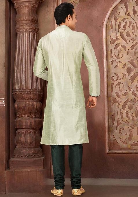 Sea Green Solid Art Silk Kurta Sets For Men