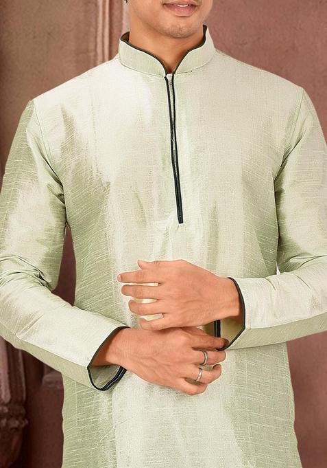 Sea Green Solid Art Silk Kurta Sets For Men