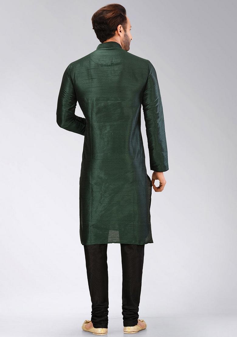 Rama Green Solid Art Silk Kurta Sets For Men