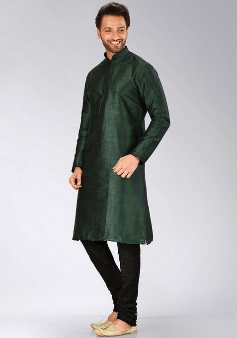 Rama Green Solid Art Silk Kurta Sets For Men
