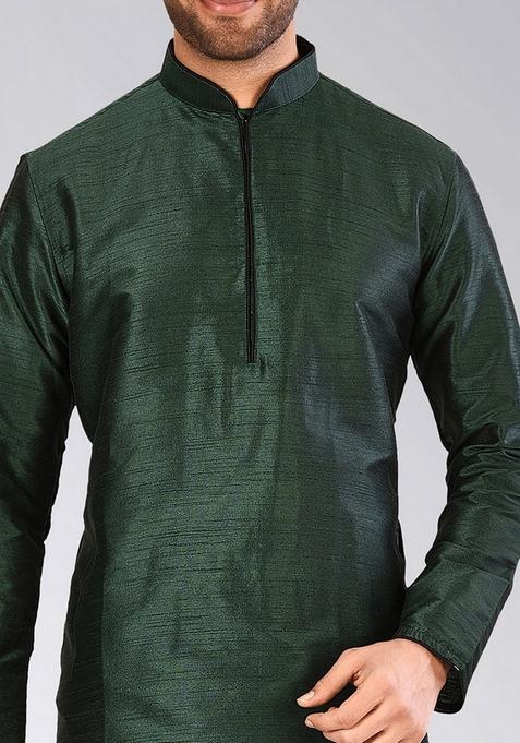 Rama Green Solid Art Silk Kurta Sets For Men
