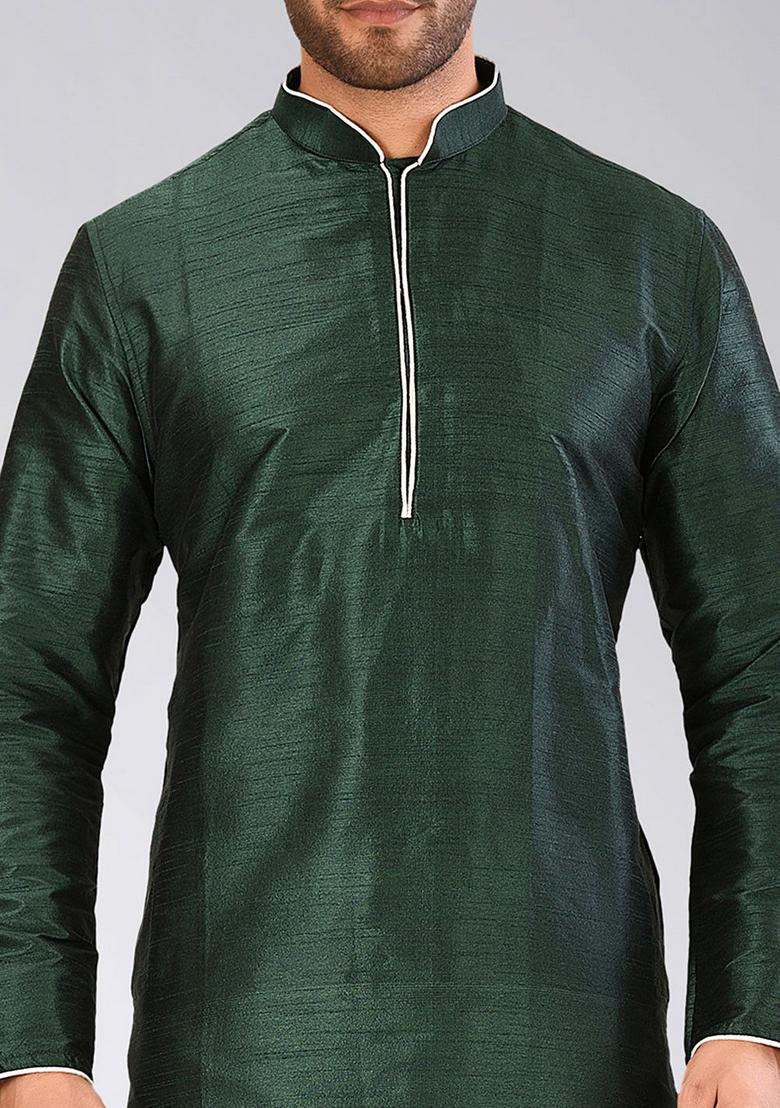 Rama Green Solid Art Silk Kurta Sets For Men