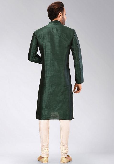 Rama Green Solid Art Silk Kurta Sets For Men