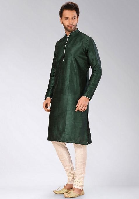 Rama Green Solid Art Silk Kurta Sets For Men