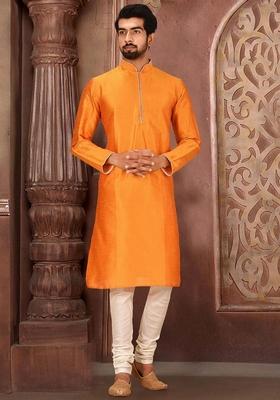 Mustard Yellow Solid Art Silk Kurta Sets For Men