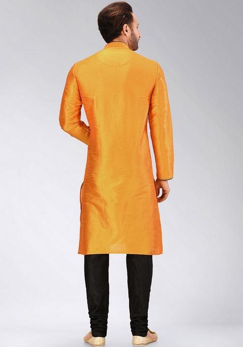 Mustard Yellow Solid Art Silk Kurta Sets For Men